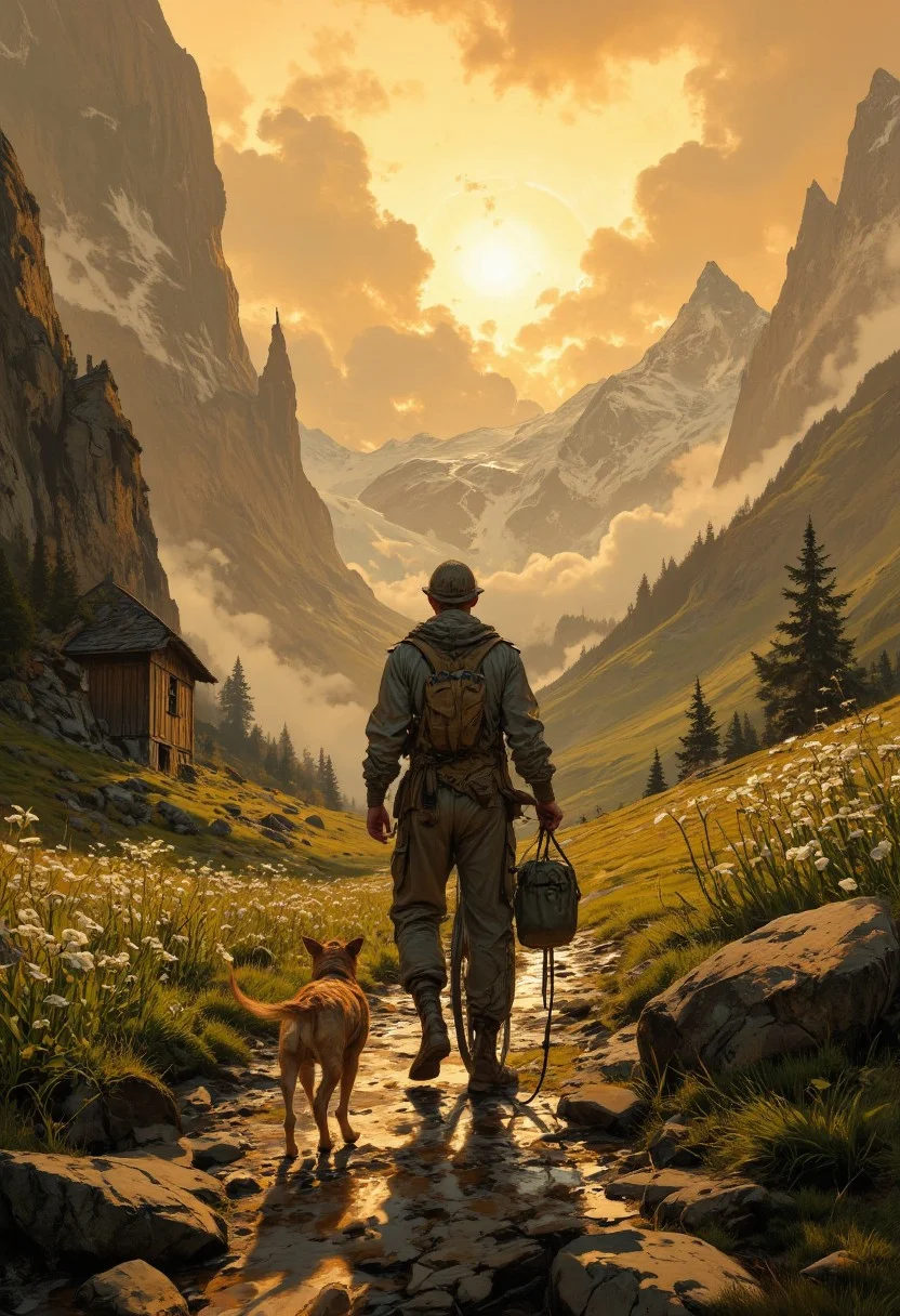 8k high quality digital painting , masterpiece, very detailed, ultra realistic, (best quality) very detailed epic masterpiece,
unearthly beautiful, a breathtakingly beautiful landscape in the French Alps, in the foreground a little boy pushes a bicycle on a path to a small mountain hut, a dog follows him, the low yellow-red sun casts long shadows, enchanting landscape, fairytale-like, calm mood, flowers in the foreground, realistic
