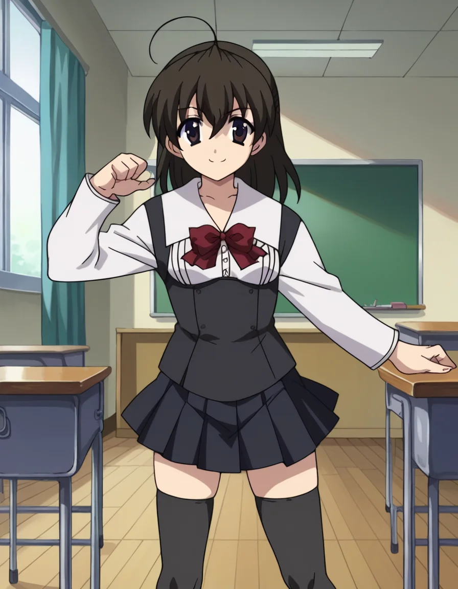 score_9, score_8_up, score_7_up, source_anime,
sekaisaionji, <lora:sekai-saionji-ponyxl-lora-nochekaiser:1>,
sekai saionji, black hair, brown eyes, ahoge, smile,
skirt, thighhighs, school uniform, shoes, black thighhighs, zettai ryouiki,
indoors, classroom,
looking at viewer, cowboy shot, dynamic pose,