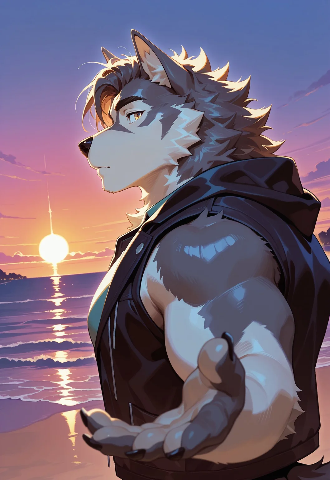 furry, solo,wolf , muscular male,
, close up, reaching, reaching hand, upper body, sunset, (sleeveless jacket), looking at viewer, close up, beach, side view,
2024, 2023, 2022, null-ghost, masterpiece,best quality,amazing quality,