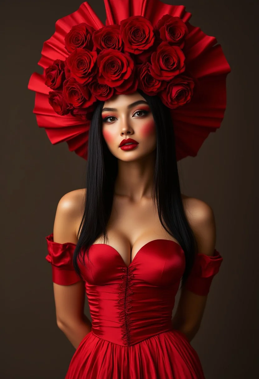 The image is a highly detailed, photorealistic digital illustration of a woman of East Asian descent. She has long, straight, jet-black hair cascading down her shoulders and back. Her skin has a warm, golden undertone. Her facial features are finely detailed, with high cheekbones, almond-shaped eyes, and full, plump lips painted a rich, deep red. She is wearing an extravagant, off-the-shoulder dress in a vibrant, glossy red material that accentuates her ample cleavage. The dress appears to be made of a luxurious fabric with intricate folds and gathers, creating a sense of elegance and sensuality.
She wears an elaborate, oversized hat adorned with lush, vibrant red roses.
Perfect hand, Detailed hand