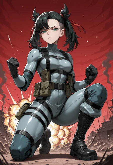 masterpiece, best quality, highres, absurdres, very awa, 1girl, solo, m4rn1edef, medium hair, black hair, asymmetrical bangs, twintails, undercut, dark blue headband, grey bodysuit, harness, solidsnk, war, outdoors, world war ii, on one knee, full body, knee up, spread legs, green eyes, eyelashes, hair ribbon, red ribbon, belt pouch, black gloves, black boots, (red sky), explosion, smoke, looking at viewer, clenched hands, fists, bored, jitome, closed mouth