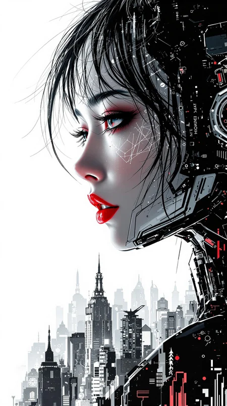 Silhouette Art, magnificent, inksplash double exposure, crisp lines, futuristic sci-fi cyberpunk cityscape below and to side of closeup portrait of stunning japanese cyborg woman, loose hair, robotic humanoid faceplate, red slightly parted lips, cybernetic eyes, directional lighting