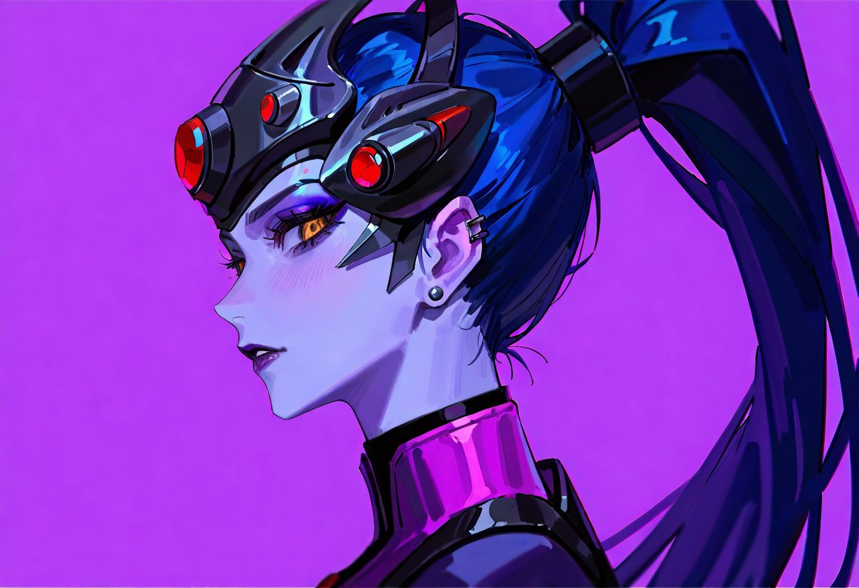 (by freng),(by xilmo),(by ciloranko),(by void 0),
newest, very awa, masterpiece, highres, absurdres, year 2024, year 2023,
from side,  looking at viewer, makeup,  widowmaker \(overwatch\),  overwatch 1girl, yellow eyes,  close-up, colored skin, purple skin, lipstick, purple lips,  long hair,  hair pulled back, hair up, head-mounted display, high ponytail, jewelry,  stud earrings, 
 purple background,simple background, 
<lora:LGSPX:0.4>  <lora:YTSKX:0.4>  <lora:ponyv6_vpred6:0.3> <lora:USNR STYLE_XL_lokr:0.3> usnr,