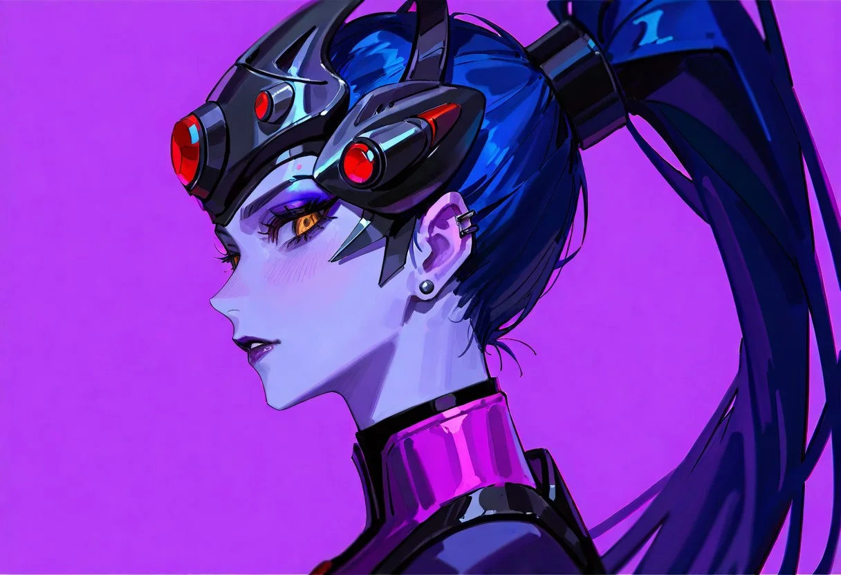 (by freng),(by xilmo),(by ciloranko),(by void 0),
newest, very awa, masterpiece, highres, absurdres, year 2024, year 2023,
from side, looking at viewer, makeup, widowmaker \(overwatch\), overwatch 1girl, yellow eyes, close-up, colored skin, purple skin, lipstick, purple lips, long hair, hair pulled back, hair up, head-mounted display, high ponytail, jewelry, stud earrings,
purple background,simple background,
<lora:LGSPX:0.4> <lora:YTSKX:0.4> <lora:ponyv6_vpred6:0.3> <lora:USNR STYLE_XL_lokr:0.3> usnr,