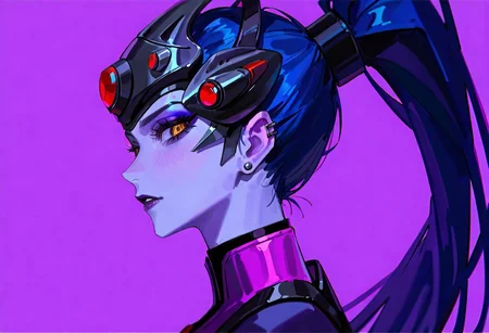 (by freng),(by xilmo),(by ciloranko),(by void 0),
newest, very awa, masterpiece, highres, absurdres, year 2024, year 2023,
from side,  looking at viewer, makeup,  widowmaker \(overwatch\),  overwatch 1girl, yellow eyes,  close-up, colored skin, purple skin, lipstick, purple lips,  long hair,  hair pulled back, hair up, head-mounted display, high ponytail, jewelry,  stud earrings, 
 purple background,simple background, 
<lora:LGSPX:0.4>  <lora:YTSKX:0.4>  <lora:ponyv6_vpred6:0.3> <lora:USNR STYLE_XL_lokr:0.3> usnr,