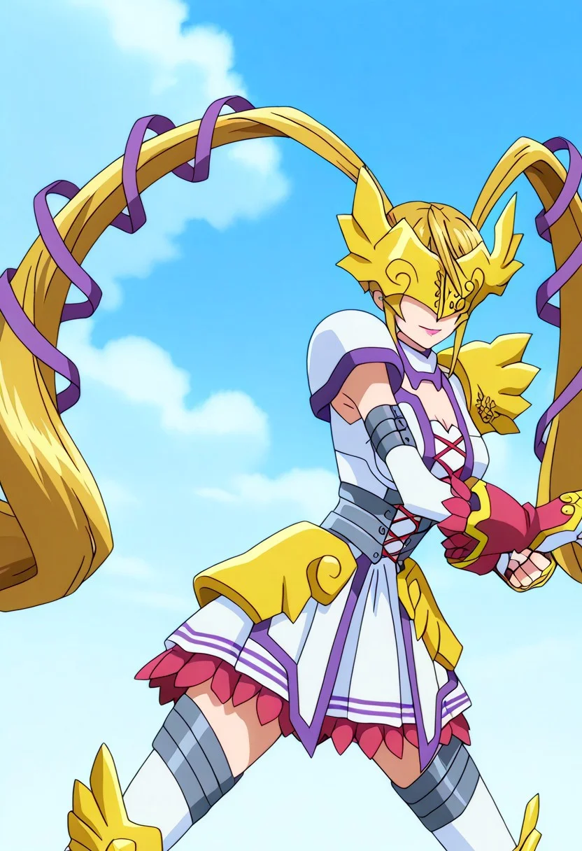 official art, detailed anime, ultra detailed anime art, anime screencap, screencap, score_9, score_8_up, score_7_up, score_6_up, masterpiece, anime coloring, source_anime, 1girl, solo, large breasts, magical girl, blonde hair, pink lips, twintails, digimon \(creature\), gloves, very long hair, armored dress, white dress, fingerless gloves, covered eyes, thighhighs, mask, armoded high thigh boots, shoulder armor, white gloves, elbow gloves, winged mask, mask, cleavage, asymetrical pauldrons, shoulder pads, armored mini skirt, detached collar, white thighhighs, hair ribbon, winged greaves, hair ornament, zettai ryouiki, detached sleeves
BREAK
cowboy shot, standing, generic green meadow, perfect weather, clouds on sky, fighting stance, solo,