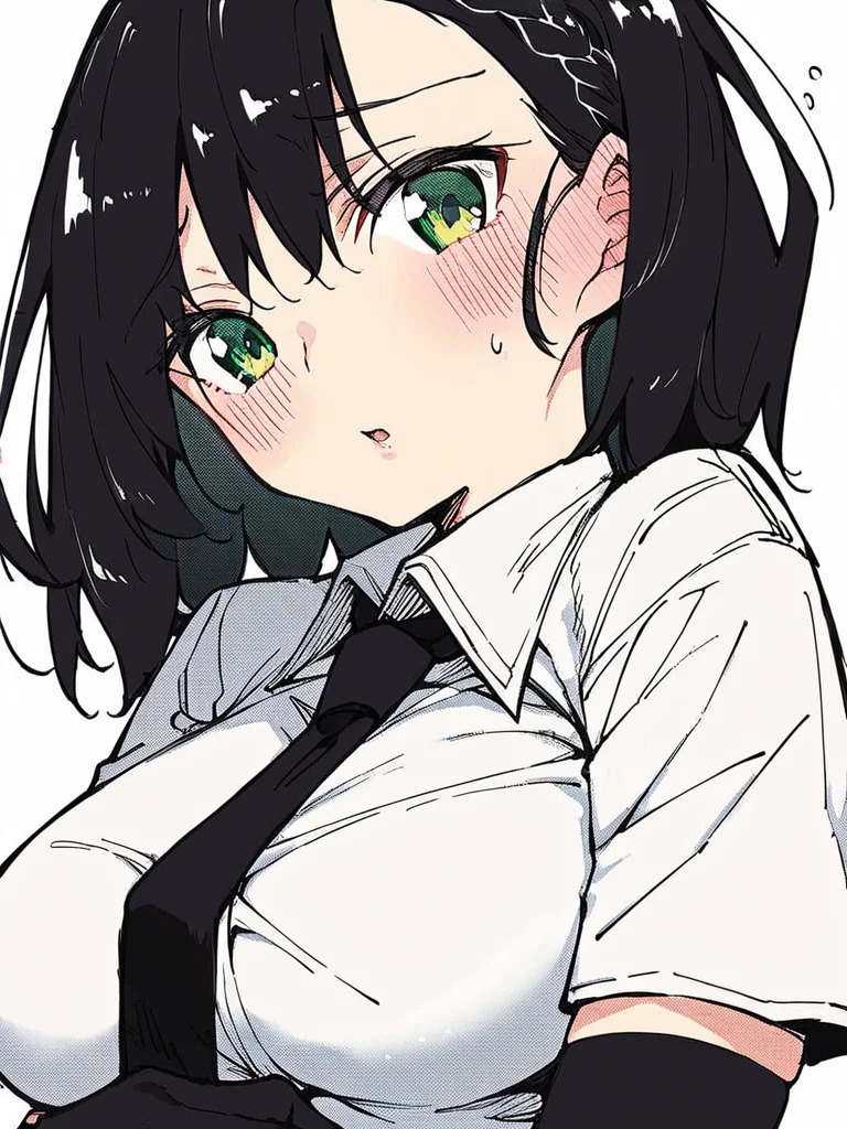 score_9, score_8_up, score_7_up,
1girl, kokonoe chika, black hair, medium hair, braid, large breasts,
green eyes, blush, parted lips, shy, looking at viewer, white background, upper body, white shirt, short sleeves, necktie, black elbow gloves,