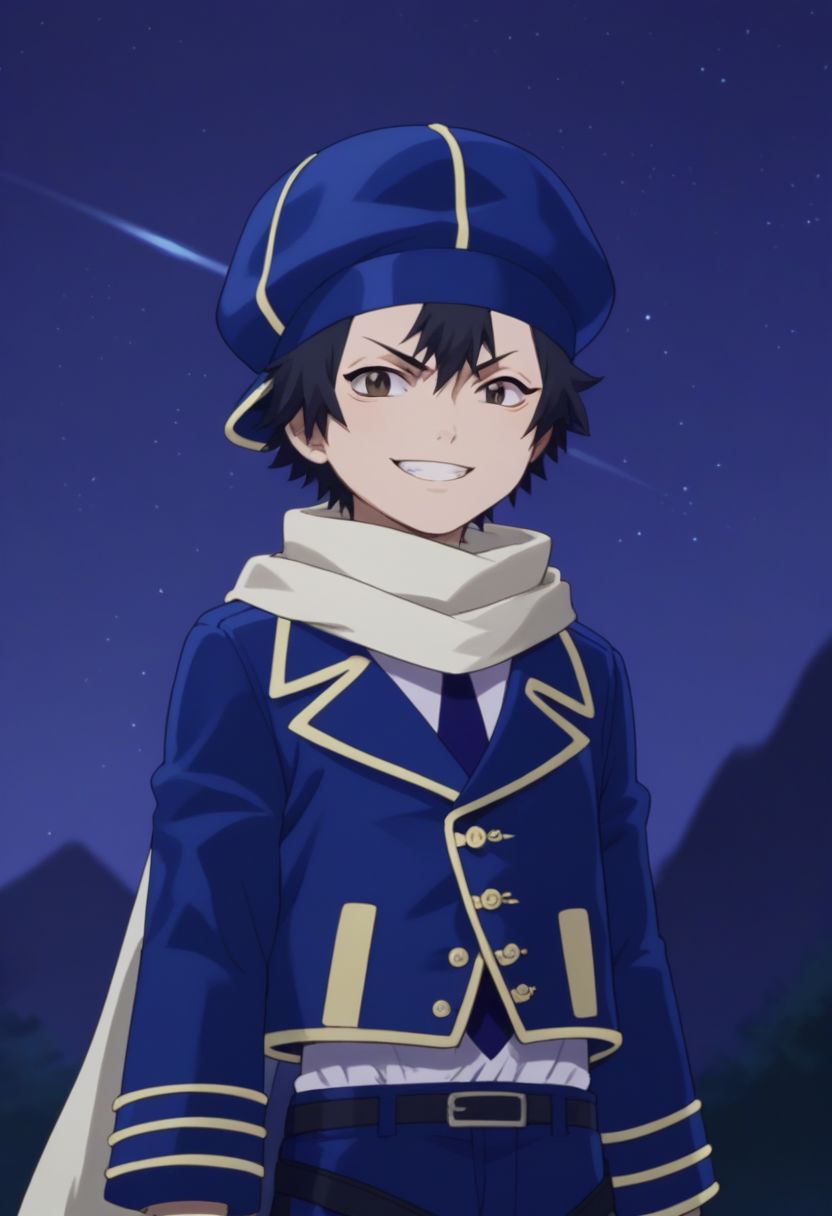 score_9, score_8_up, score_7_up, source_anime, highly detailed, human child,
zazie, 1boy, male_focus, solo, uniform, blue uniform, jacket, pants, hat, scarf, black hair, white scarf, short hair, smile, grin, upper body, 
outdoor, night sky,