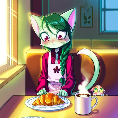score_9, score_8_up, score_7_up,lilith_calah,
1girl,solo,furry,tail,dark green hair, source_furry,
,<lora:lilith_calah_illustrious:0.8>,
child, kid,
sips hot cocoa while a tabby cat naps on her lap. A half-eaten croissant sits on a floral plate, and sunlight streams through café windows, cafe, cat, hot_chocolate, croissant, plate, sunlight, lap, blush, floral_print, window_seat, steam, apron, braided_hair