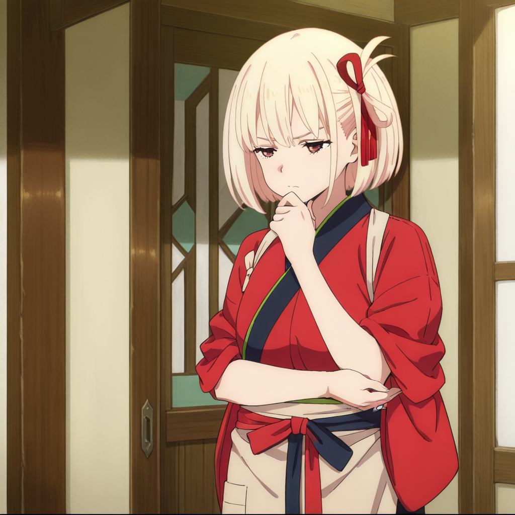 nsfw, masterpiece,best quality,amazing quality,1girl, solo, lycoris_recoil_chisato_nishikigi, blonde hair, solo, japanese clothes, red kimono, short hair, kimono, bangs, red eyes, red ribbon, thinking, ribbon, hair ribbon, apron, hand on own chin, tasuki, indoors, bob cut, <lora:Chisato_Nishikigi_-_Lycoris_Recoil:0.7>