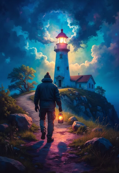 A lighthouse on a hill in a country side at night, the light keeper walks up the path holding a lantern, dynamic colors, vibrant glow