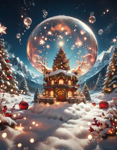 score_9, score_8_up, score_8_up, magicalchristmas, cute, (bubbles:1.2), (sparkles:1.2), floating bubbles, perfect composition, high detail, best quality, highly detailed, award-winning, professional, zPDXL3, outdoors, (snow:1), (stars:1), (snowflakes:1), (snowglobe:1.3), (dark theme, night:1.4), christmas lights, 