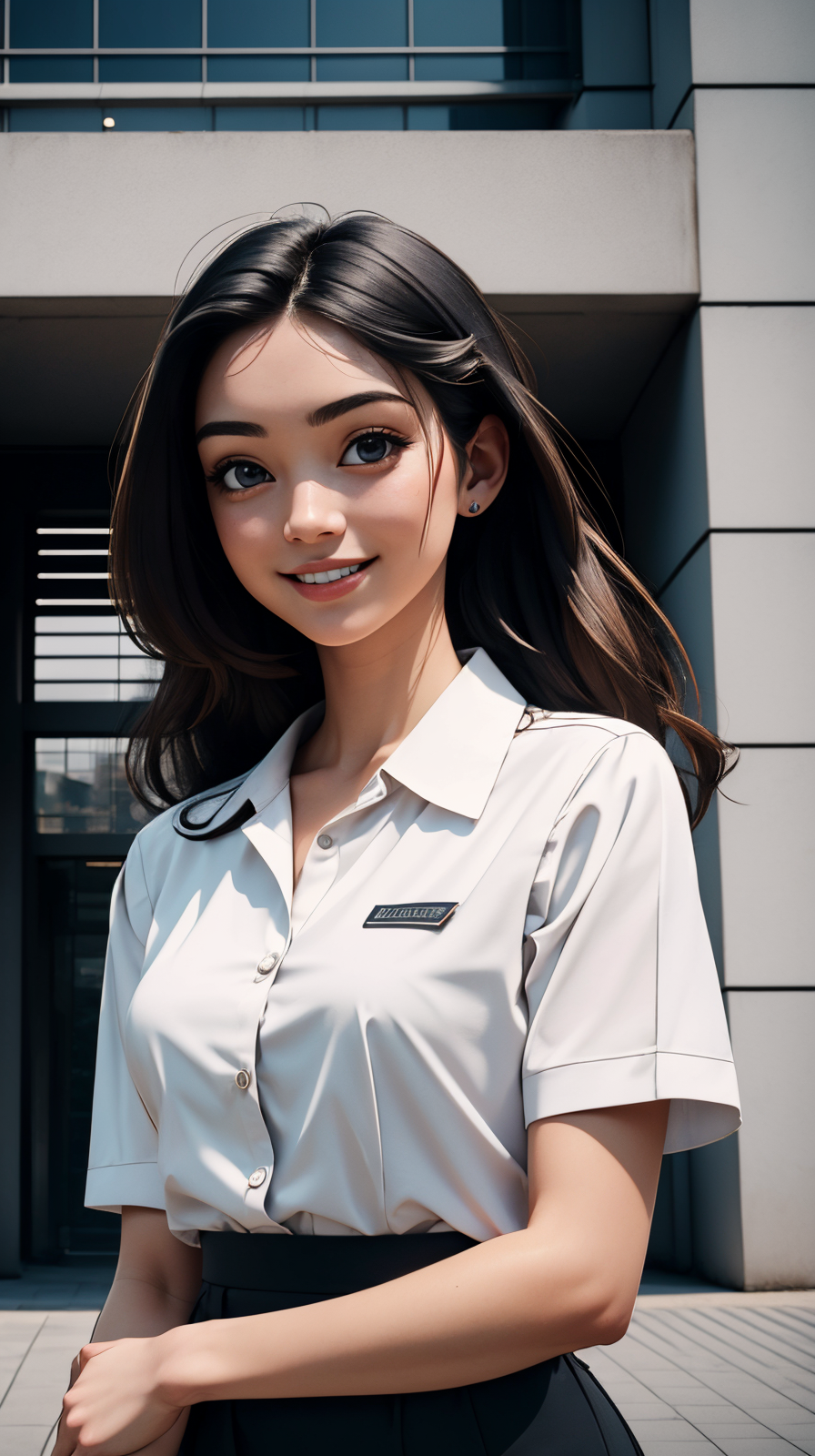 masterpiece, high detailed, high quality, portrait of 1girl in work clothing, upper body, detailed face, smiling,  in front of empty modern building scene,  <lora:ToonModernBuilding:0.8>