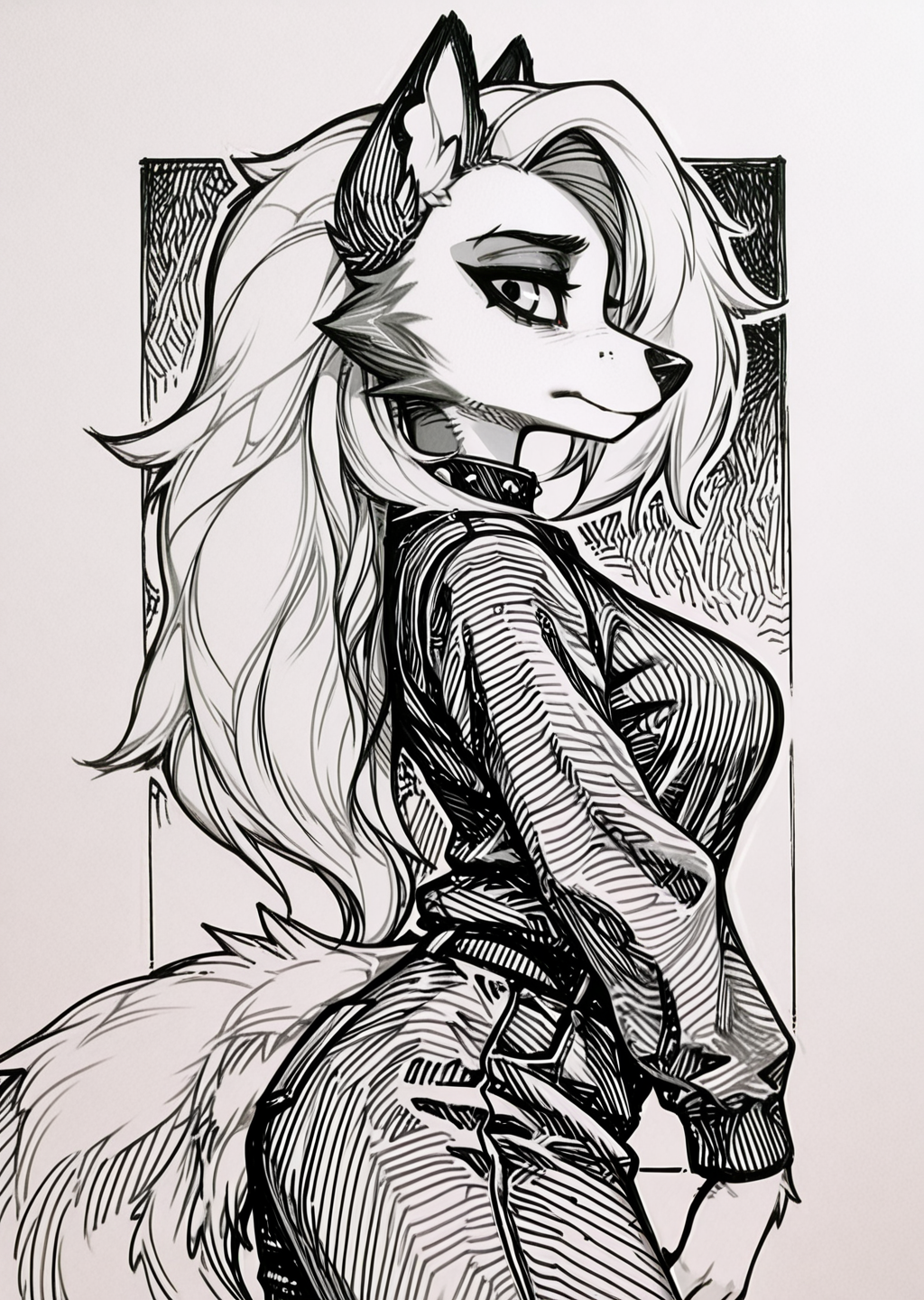 (hatching:1.4), gradient hatching background, surreal, masterpiece, best quality, very aesthetic, hi res, 1girl, loona_\(helluva_boss\), wolf, furry_female, looking_at_viewer, limited colors, , side-profile,Dutch angle (tilted shot),a college campus quad,embarrassed,Dynamic pose, sketch, solo, (dynamic comparison:1.3), looking_at_viewer, breasts, outline, , side-profile,Dutch angle (tilted shot),a college campus quad,embarrassed,Dynamic pose