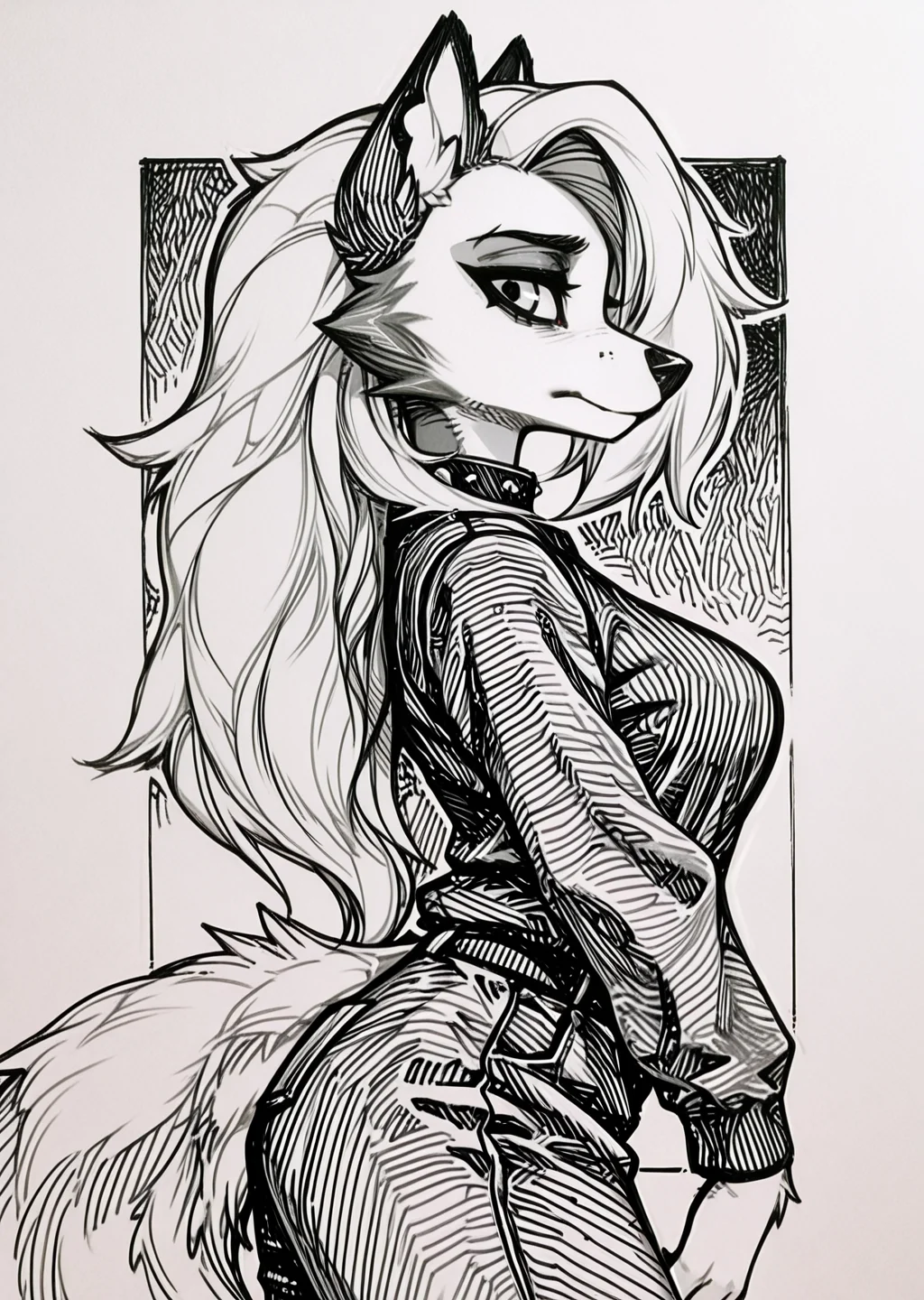 (hatching:1.4), gradient hatching background, surreal, masterpiece, best quality, very aesthetic, hi res, 1girl, loona_\(helluva_boss\), wolf, furry_female, looking_at_viewer, limited colors, , side-profile,Dutch angle (tilted shot),a college campus quad,embarrassed,Dynamic pose, sketch, solo, (dynamic comparison:1.3), looking_at_viewer, breasts, outline, , side-profile,Dutch angle (tilted shot),a college campus quad,embarrassed,Dynamic pose