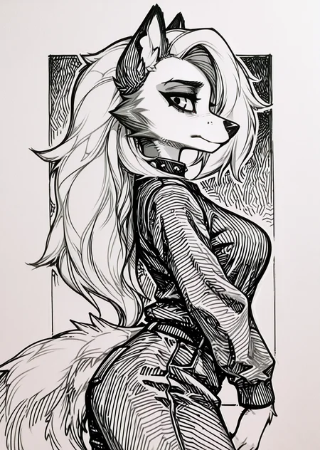 (hatching:1.4), gradient hatching background, surreal, masterpiece, best quality, very aesthetic, hi res, 1girl, loona_\(helluva_boss\), wolf, furry_female, looking_at_viewer, limited colors, , side-profile,Dutch angle (tilted shot),a college campus quad,embarrassed,Dynamic pose, sketch, solo, (dynamic comparison:1.3), looking_at_viewer, breasts, outline, , side-profile,Dutch angle (tilted shot),a college campus quad,embarrassed,Dynamic pose