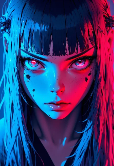 Youthful, natural skin, A close-up, macro shot of a single, large eye, looking directly at the viewer, with dark, thick eyelashes and a slightly furrowed brow, the iris is a deep blue with prominent, bright red veins, the pupil is a dark, almost black circle, the eye is set against a soft, light pink background, the overall mood is unsettling and eerie, young japan woman with long, straight, vibrant blue hair styled with blunt bangs, pale skin, her face shadowed and grim, with a vibrant blue background that illuminates her head, creating a stark contrast of light and dark; The background is a solid vibrant blue, lit with a dramatic, almost cinematic, vibrant blue light.  Her is facing the viewer, her head is tilted slightly to the left. a sense of mystery and brooding intensity emanates from the image. The image has a dark, The composition is tight, focusing solely on woman head and shoulders, sharp focus on the face, brooding atmosphere. The image is styled with a muted color palette, emphasizing the textures of the skin. The image has a slightly desaturated, moody aesthetic, with soft lighting and a slightly blurry background. The overall aesthetic is ethereal and slightly melancholic yet intimate, reminiscent of fine art photography. High detail, cinematic lighting. (cinematic, film grain:1.1), The style is reminiscent of Japanese fashion photography. soft natural lighting, intricate details, detailed, high quality, 8k, ((kimono))