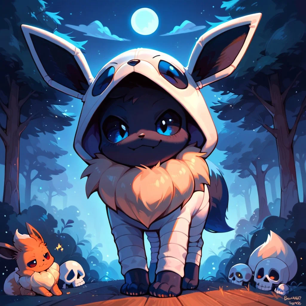 score_9, score_8_up, score_7_up, best quality, score_6_up, source_furry, night, spooky forest, solo, solo focus, 1guy(eevee, black fur, blue eyes, black sclera, male feral eevee, skeleton onesie, correct eevee paws, correct eevee maw, fluffy tail)