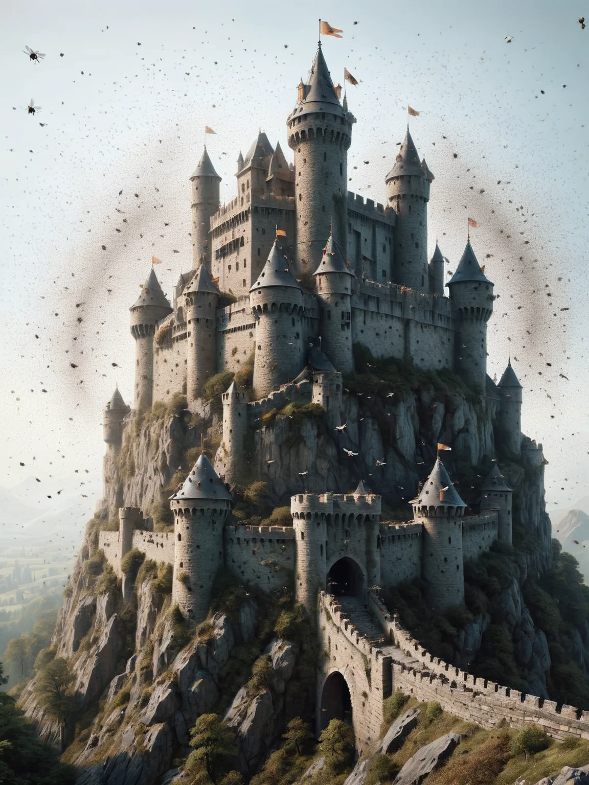 A majestic castle on a hill, with towering turrets and fluttering banners, ais-flyz swarming the stone walls and parapets, giving the fortress a mystical and somewhat eerie aura <lora:Flies_Style_SDXL:1>
