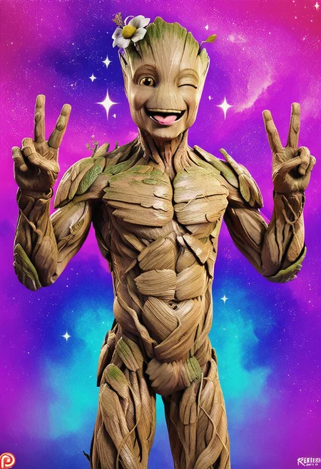 score_9, score_8_up, score_7_up, male, solo, groot2, young, flora fauna, made of wood, muscular, alien, noseless, amber eyes, smile, eyelids, wink, smile, flirty, open smile, tongue out, happy, expressive, standing, raised arms, perfect hands, skinny petite, raised hands, double v, leaning forwards, null, flower, sparkle, cocked hip, pecs, looking at viewer, one eye closed, winking, handsome, starry sky, hip focus, cocked hip, (realistic, 3d:1.2), shading, psychedelic background, knock-kneed, rainbow colors, masterpiece, extreme detail, zPDXL3, zPDXLrl, zPDXLpg