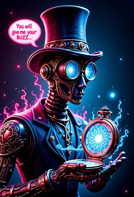 A photo of robotic hypnotist, wearing a top hat, wearing a monocle, eye magnified, holding a pocket watch, it sways hypnotically, motion lines of watch moving, hypnotic pattern on watch glass, glass, intricate light, intricate artwork, masterpiece, trending on artstation, highly detailed. watch is metallic. mtlartCE_style. aidmatextimprover. Text bubble comes out of hypnotist that reads "You will give me your BUZZ..." electric plasma flows around edges of frame, colorful, steampunk