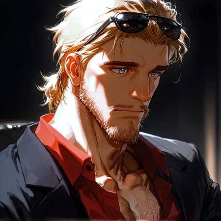 <lora:Aiber__DEATH_NOTE-000009:.75> Aiber, Blonde hair, blue eyes, stubble, Red Shirt, open clothing, Sunglasses on head,
short hair, male focus, muscular male, muscular male, bara, mature, (hairy body, hairy, body hair, glossy skin, bara, mature, facial hair, beard, full beard, sideburn, mustache, stubble), facial hair, bara, mature, body hair, aixiwuganda_(20222192), very awa, masterpiece, best quality, absurdres, newest, perfect quality, detailed background, intricate details,, <lora:slider_Body Type_alpha1.0_rank4_noxattn_last:3><lora:Anime Summer Days 2 Style SDXL_LoRA_Pony Diffusion V6 XL:.6><lora:merged:.7>, DARK, DARK BACKGROUND, LOW-KEY LIGHTING <lora:slider_cfg_scale_boost:.7><lora:Artist6p:.55>, Artist6p, Artist04p,<lora:slider_il_contrast_slider_d1:-.25>,<lora:slider_contract_controller_illus01_v1:.3>, <lora:addon_illustriousXLv01_stabilizer_v1.121:.5>,<lora:Heavenly_Beauty_r1:1>, (heavenlybeauty,)<lora:slider_style_strength_controller_illus01_v1:.25>