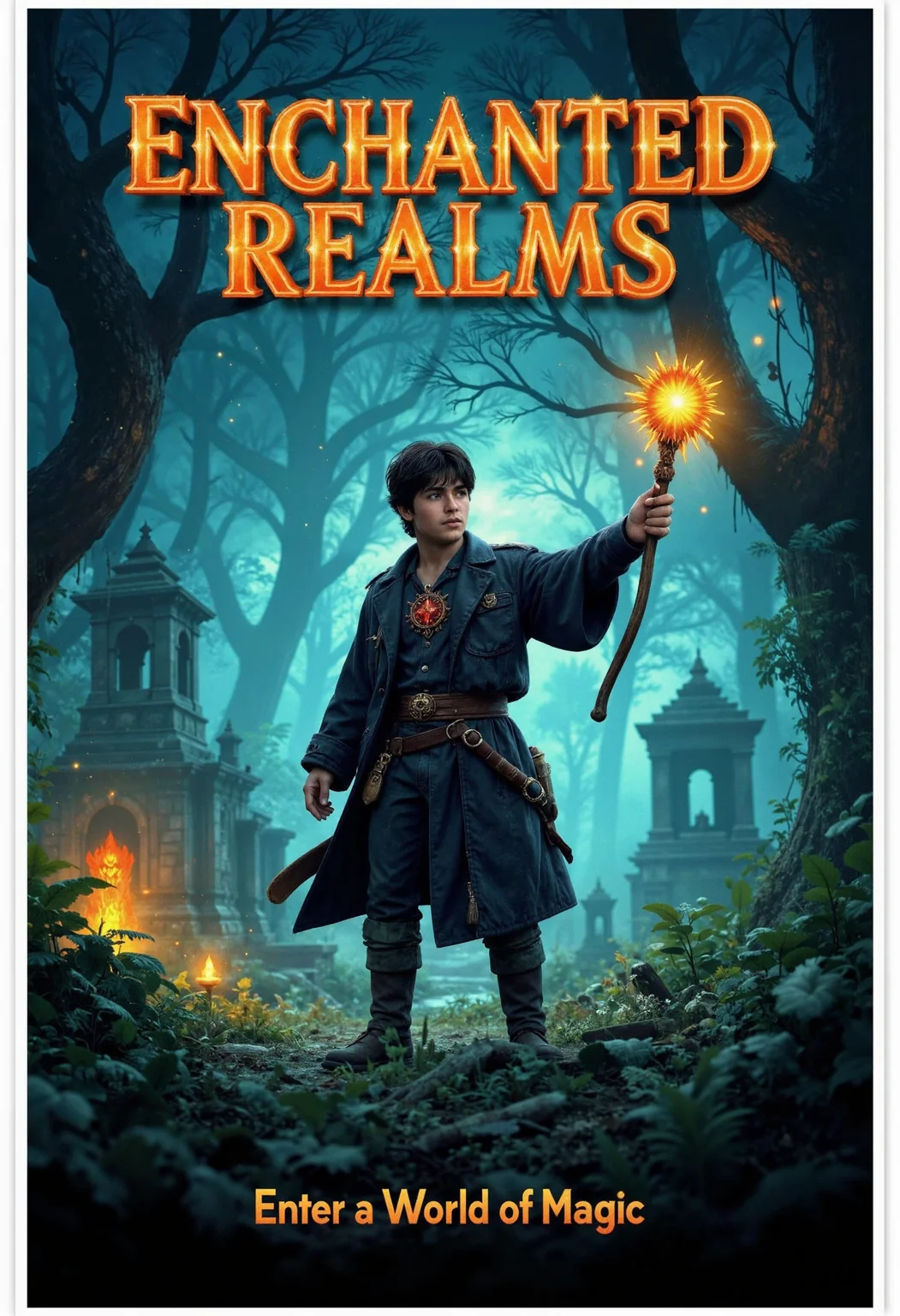 allposter, Design a magical game poster for a fantasy adventure featuring a young hero holding a magical staff, standing in an enchanted forest with glowing plants and ancient ruins. Use bold, sparkling typography for the game title, 'ENCHANTED REALMS,' at the top, with a touch of mystical light. Below, add the tagline 'Enter a World of Magic' in a whimsical font<lora:Flux.1_Turbo_Detailer.safetensors:0.75:0.75> <lora:FLUX_All_Posters.safetensors:0.7000000000000001:0.7000000000000001>