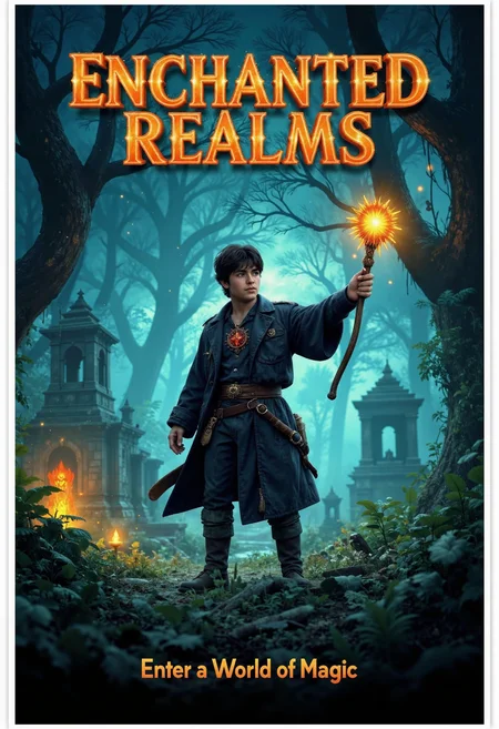 allposter, Design a magical game poster for a fantasy adventure featuring a young hero holding a magical staff, standing in an enchanted forest with glowing plants and ancient ruins. Use bold, sparkling typography for the game title, 'ENCHANTED REALMS,' at the top, with a touch of mystical light. Below, add the tagline 'Enter a World of Magic' in a whimsical font<lora:Flux.1_Turbo_Detailer.safetensors:0.75:0.75> <lora:FLUX_All_Posters.safetensors:0.7000000000000001:0.7000000000000001>