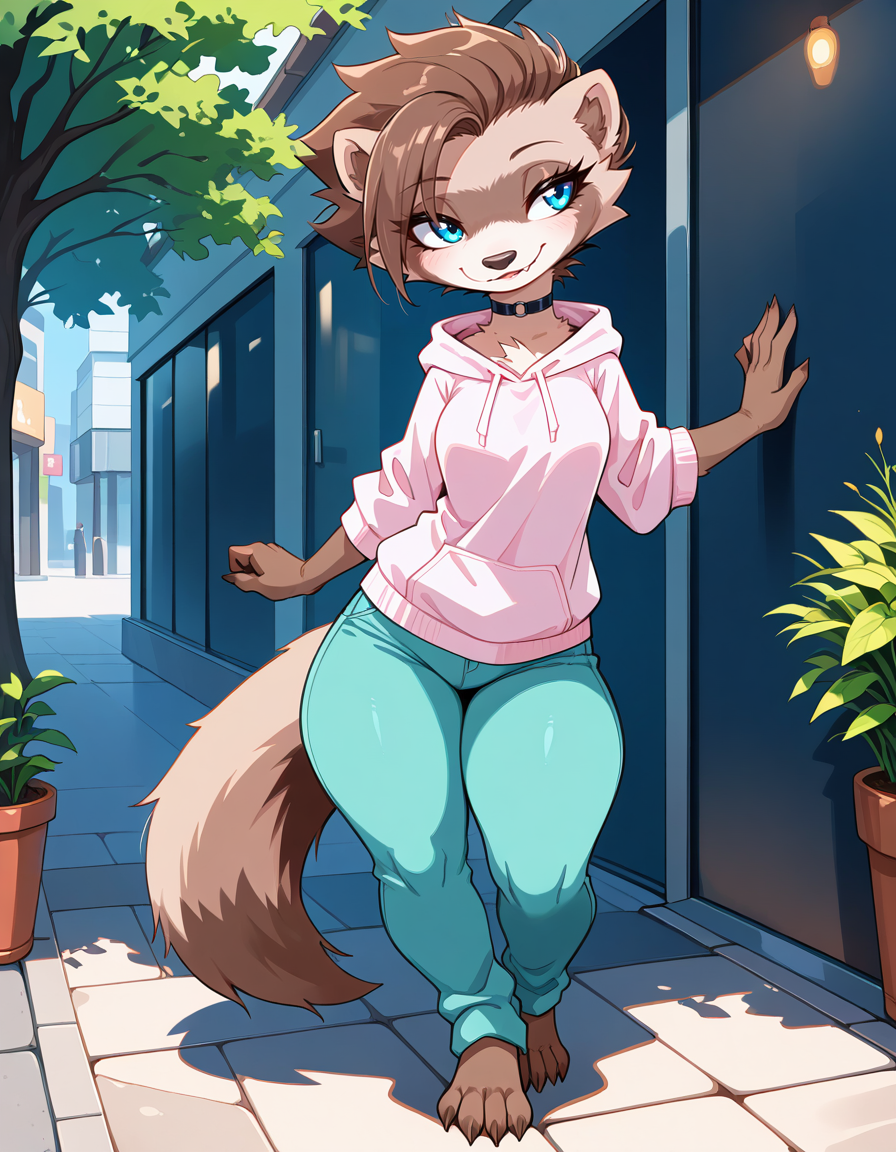 masterpiece, best quality, very aesthetic, absurdres,
outdoors,
casual, 
full body, standing, posing,
 seductive smile, parted lips, long eyelashes,
<lora:MiX_v01_NAIXL:1>
M1x,1girl,solo,furry,furry female,brown hair,short hair,blue eyes,snout,animal nose,fang,choker,body fur,two-tone fur,browm fur,claws,white fur,tail,