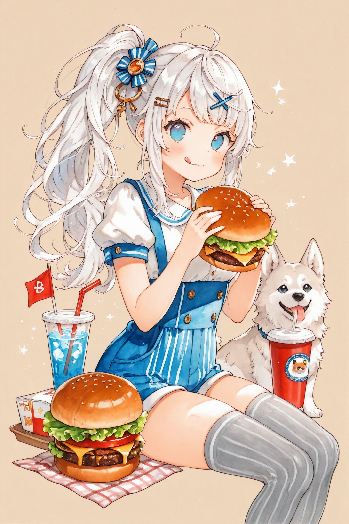 1girl,tongue out,tongue,side ponytail,burger,food,long hair,dog,blue eyes,sitting,white hair,thighhighs,shorts,hair ornament,drinking straw,holding,flag,cup,short sleeves,simple background,solo,looking at viewer,traditional media,
<lora:Uekura Eku_illustriousXL:0.9>,