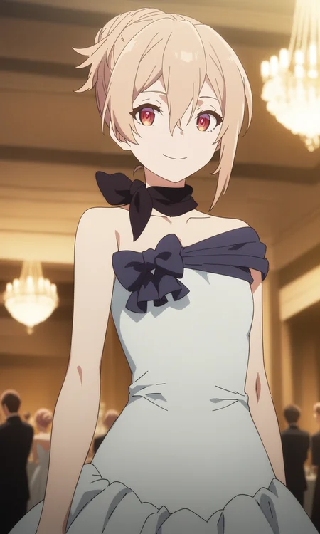 <lora:menou_virginrd_SDXLv1.1-000031:0.9>, menou, 1girl, solo, hair up, hair bun, hair between eyes, white pupils, flat chest, looking at viewer, closed mouth, smile, black bow, white dress, sleeveless, long dress, indoors, ballroom, cowboy shot, cinematic angle, (masterpiece), (best quality), (ultra-detailed), very aesthetic, illustration, perfect composition, intricate details,