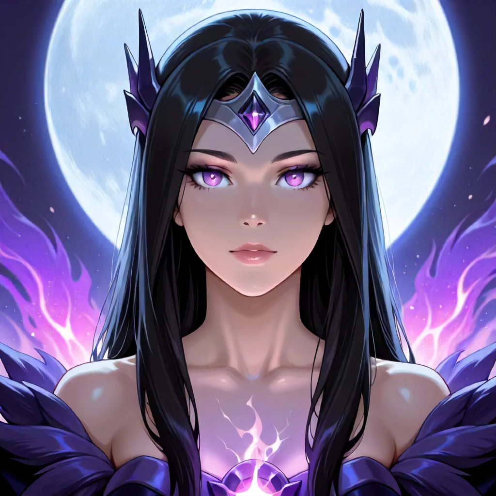 1girl, Mirana, black hair, pretty face, <lora:Mirana_Illustrious:.8>, tiara, moon shining behind, surrounded by glowing purple lotuses
