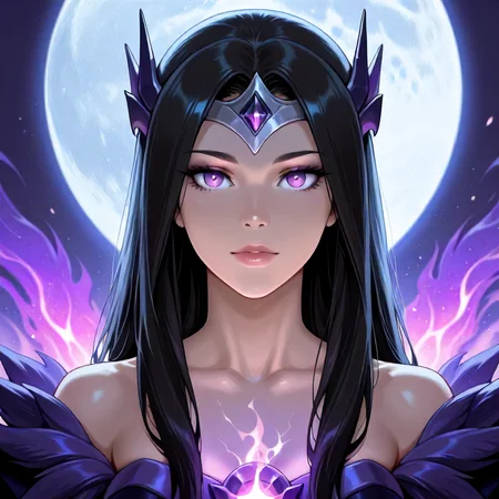 1girl, Mirana, black hair, pretty face, <lora:Mirana_Illustrious:.8>, tiara, moon shining behind, surrounded by glowing purple lotuses