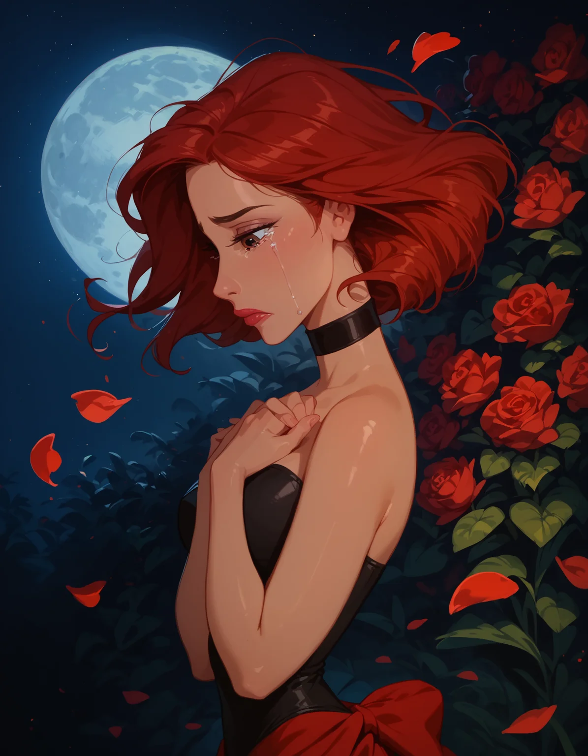 <lora:Disney_Style:.9> <lora:princess_xl_v2:.75> <lora:add-detail-xl:.9> <lora:g0th1cPXL:.3> <lora:Cherry-Gig:.45> <lora:Expressive_H:1> <lora:PLASTT_PonyV6:1> score_9, score_8_up, score_7_up, zPDXL, DisneyRenstyle, score_9,score_8_up,score_7_up,score_6_up, scenic balcony, night, moon, moon light, (red flower petals floating behind girl, floating rose petals behind girl, romantic), (((standing, 3/4 view, side view, side profile))),
1girl, attractive 18 year old, red hair, short hair, messy hair, brown eyes, (((sad expression, tears, heartbroken))), (((hands together, looking down))), (solo), (black leotard:1.2, high neck), (red sarong, black choker), shiny skin, perfect reflection, small hips, slender, hourglass figure, attractive, shiny skin, perfect reflection, small hips, slender, perfect face, perfect hands, g0thicPXL, Expressiveh,
score_9, score_8_up, score_7_up, depth of field, realistic shadow, motion lines, Expressiveh, realistic, dramatic lighting, beautiful, animation, sharp focus, award winning, masterpiece, dynamic, cinematic lighting, great attention to skin and eyes, breathtaking, exquisite, exceptional,