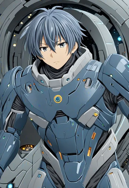 high resolution, solo, best quality, 1Boy, Tomoya Okazaki, Grey Blue Hair, Science Fiction, OverallDetail
