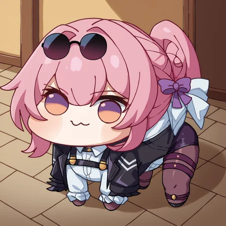 score_9, score_8_up, score_7_up, uncensored, source_anime, <lora:Doro_X_PDXL_V1:1.1> doro, creature, :3, chibi, no humans, white skin, four legs, solid circle eyes, no pupils, smug, <lora:sphsrKafkaXLPony:0.7> kafkerdef, earrings, eyewear on head, sunglasses, white shirt, black jacket, long sleeves, purple gloves, shorts, pantyhose, thigh strap, black footwear