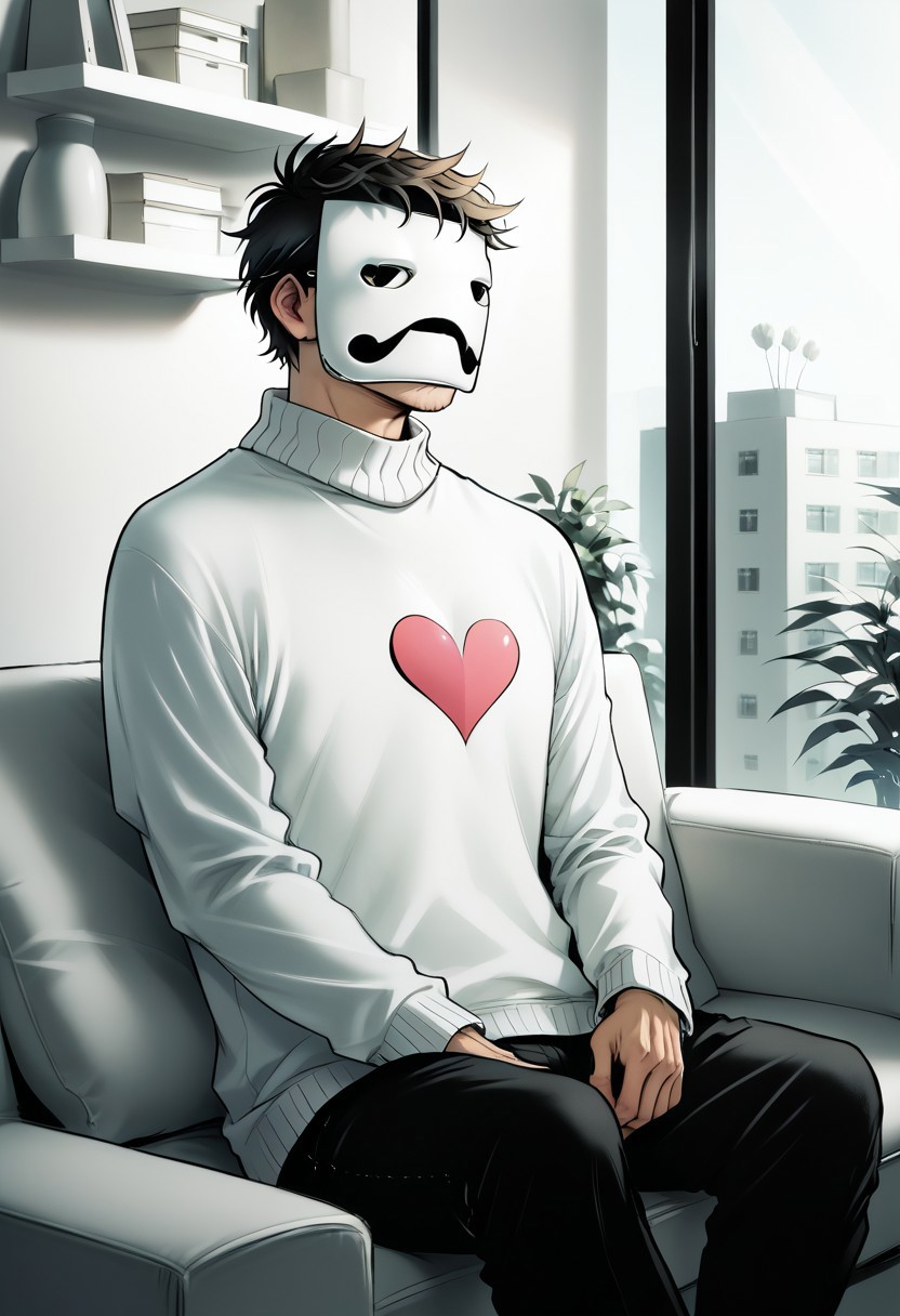 score_9, score_8_up, score_8, Zacharie_off, 1boy, sweater with heart, frog mask, hidden face, sitting on couch, living room, window
