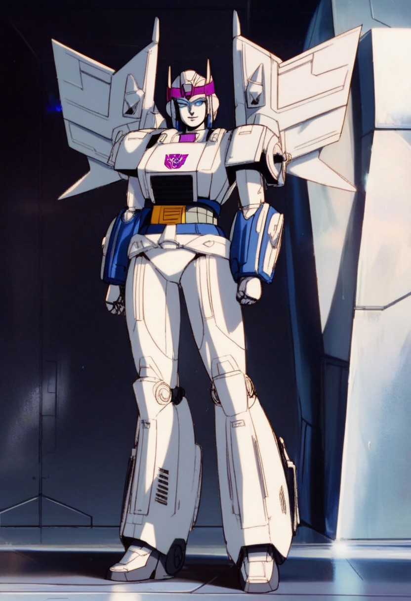 score_9, score_8_up, score_7_up, animation, transformers, 1girl, robot, Decepticon, Tall, slim, Seeker, Starscream glowing eyes, blue eyes, large eyes, circular eyes, white armour, forward long jet swept wings, transforms into futuristic Stealth Mig Fighter Jet, full body, cowboy shot, smiling, holding null ray blasters, Decepticon Symbol, long skirt armour (split in middle) head crown,
 <lora:StarScream1.2:1>