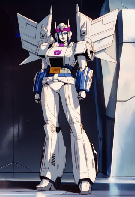 score_9, score_8_up, score_7_up, animation, transformers, 1girl, robot, Decepticon, Tall, slim, Seeker, Starscream glowing eyes, blue eyes, large eyes, circular eyes, white armour, forward long jet swept wings, transforms into futuristic Stealth Mig Fighter Jet, full body, cowboy shot, smiling, holding null ray blasters, Decepticon Symbol, long skirt armour (split in middle) head crown,
<lora:StarScream1.2:1>