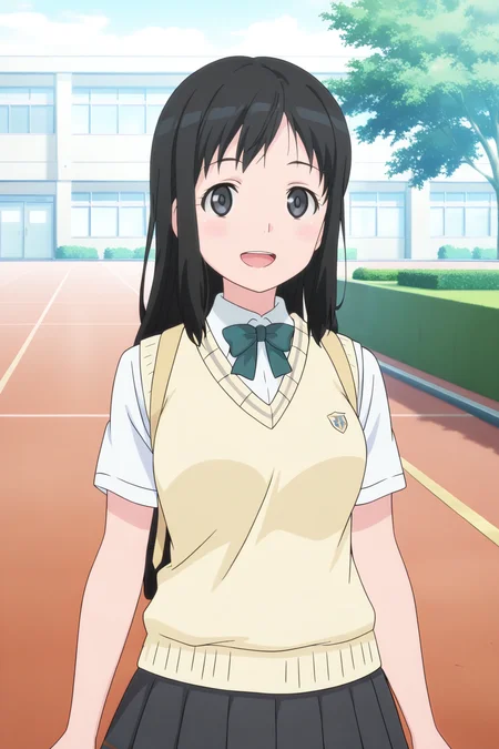 anime screenshot, touno kyouko, 1girl, solo, black hair, long hair, black eyes, medium breasts, school uniform, kibito high school uniform, white shirt, collared shirt, short sleeves, yellow sweater vest, green bowtie, grey skirt, pleated skirt, backpack, looking at viewer, smile, open mouth, cowboy shot, outdoors, school, masterpiece, best quality, high quality, highres, absurdres, <lora:touno_kyouko_ILXL:0.9>