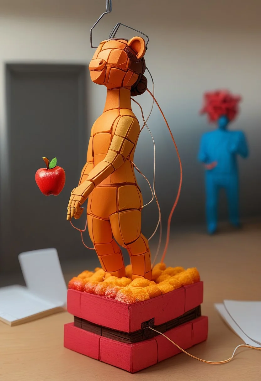 end_tripwire_morph, no humans, food focus, food  made of electrical cables, an electrical cable sculpture of  an apple, indoors, wires, made of wires, cables, outlined with wires, wire sculpture, neon wire sculpture, gradient overlay, embedding:urn:air:pony:embedding:civitai:384756@563234
