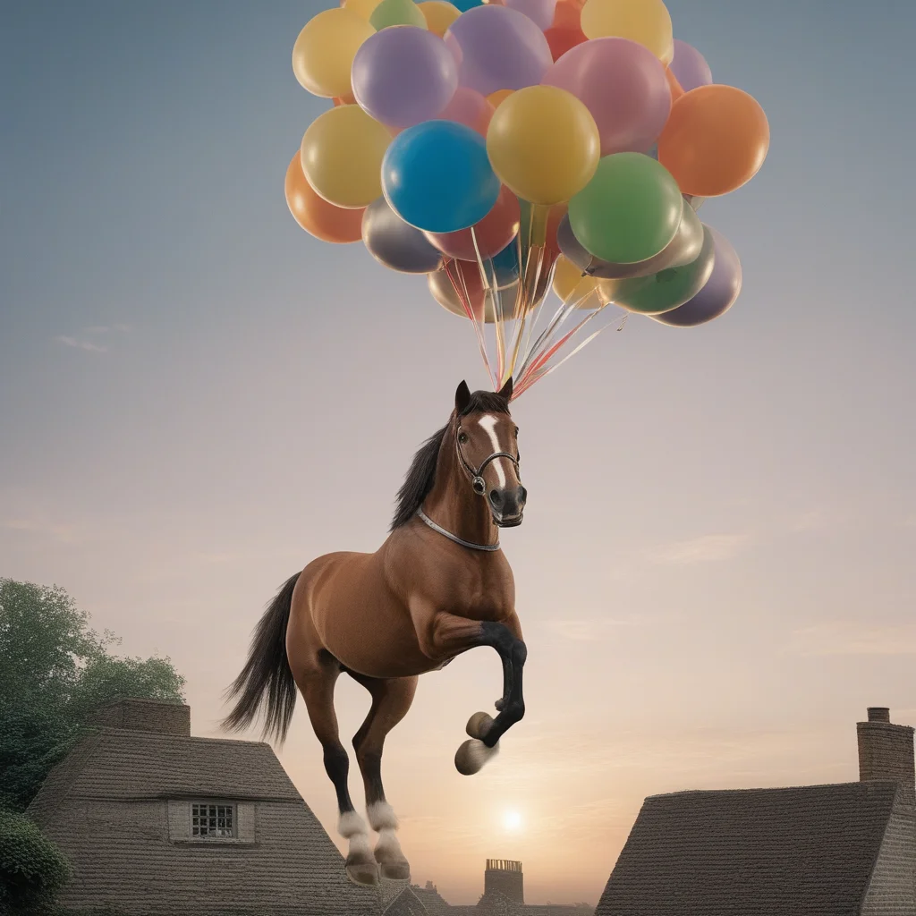 A horse being held aloft by balloons