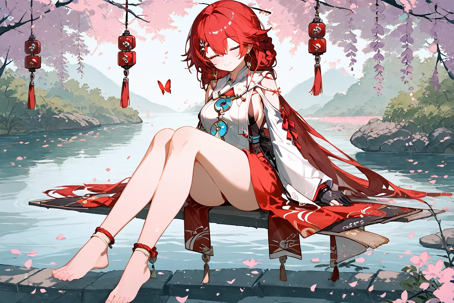 (score_9,score_8_up,score_7_up),<lora:danjin-v1:1> 1girl, bangs, bare shoulders, blue eyes,blush, braid, earrings, gloves, hair between eyes, hair ornament, jewelry, long sleeves, red hair, solo,,1girl,long hair,solo,detached sleeves,anklet,jewelry,cherry blossoms,wide sleeves,barefoot,closed eyes,bare legs,sitting,petals,breasts,japanese clothes,legs,water,butterfly,bangs,hair between eyes,nontraditional miko,full body,hair ornament,smile,earrings,bare shoulders,shirt,very long hair,white shirt,sideboob,thighs,long sleeves,sleeveless shirt,sleeveless,closed mouth,good feet,very beautiful,anime,NSFW,ultra hd 32k,expressive,absurdres,moody lighting,