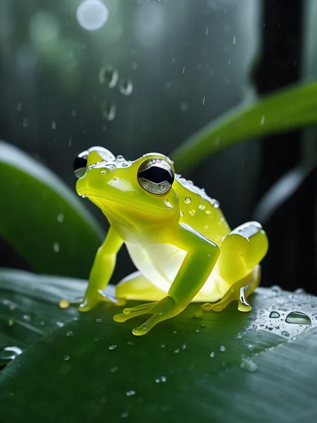 charming light,a glass frog,scattered,translucent banana leaf,award -winning photo,rain,