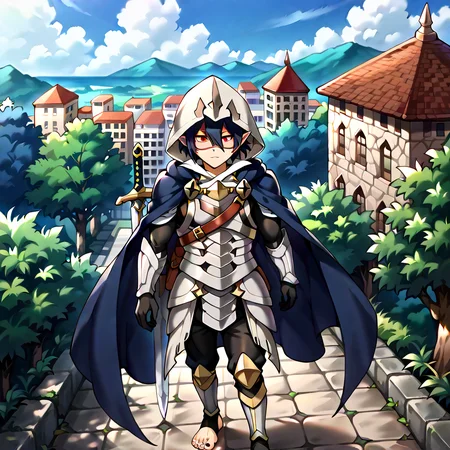 masterpiece, best quality, sharp aliasing, highly detailed, Quality, High Definition, Full Body View, <lora:EPfeCorrinPony:1>EPfeCorrin, blue cape, armour, black gloves, full gloves, black pants, wearing pants, outdoors, day, stone ground, tree, bush, buildings, barefoot, toeless legwear, armoured legwear, stirrup legwear, 5 toes <lora:Amajiki_Tamaki__Pony:1>Tamaki Amajiki, pointy ears, red eyes, dark blue hair, hair between eyes, hood, mask, male, male body, sword, standing <lora:feet_anime_pony_v2:1>feet, dark blue toenails