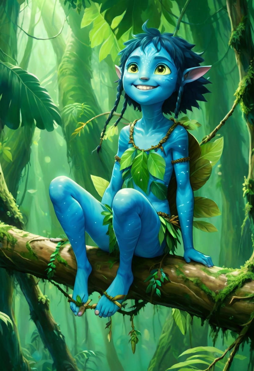 Studio Ghibli Style anime painting of a young female Avatar navi alien with blue skin, wearing leaf and bark armor, smiling and grinning while sitting on a tree branch in a bioluminescent jungle