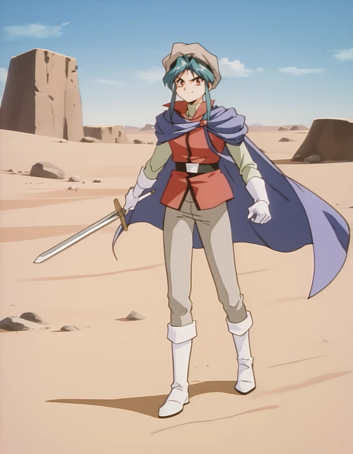 score_9,  score_8_up, score_7_up, source_anime,  1girl <lora:diana-minerva-ponyxl:0.9> mnkda, uniform, red shirt, cape, beret, white footwear, desert, sword, smirk