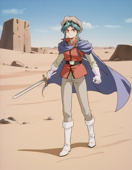score_9,  score_8_up, score_7_up, source_anime,  1girl <lora:diana-minerva-ponyxl:0.9> mnkda, uniform, red shirt, cape, beret, white footwear, desert, sword, smirk