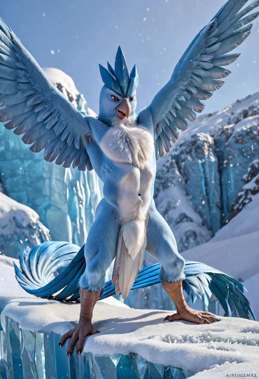 score_9, score_8_up, score_7_up, score_6_up, score_5_up, score_4_up, BREAK, 1boy, solo, articuno, pokemon (creature), anthro, furry, furry male, avian, detailed feathers, realistic feathers, body feathers, blue feathers, slim male, lean physique, thick thighs, wing arms, feathered arms, ice, snow, realistic