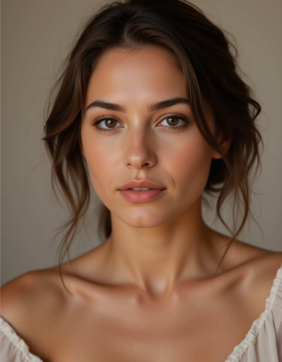 Portrait of a woman in a studio with neutral background, focusing on her eyes and facial expression. The lighting is soft, highlighting her natural beauty and creating an intimate, realistic effect.